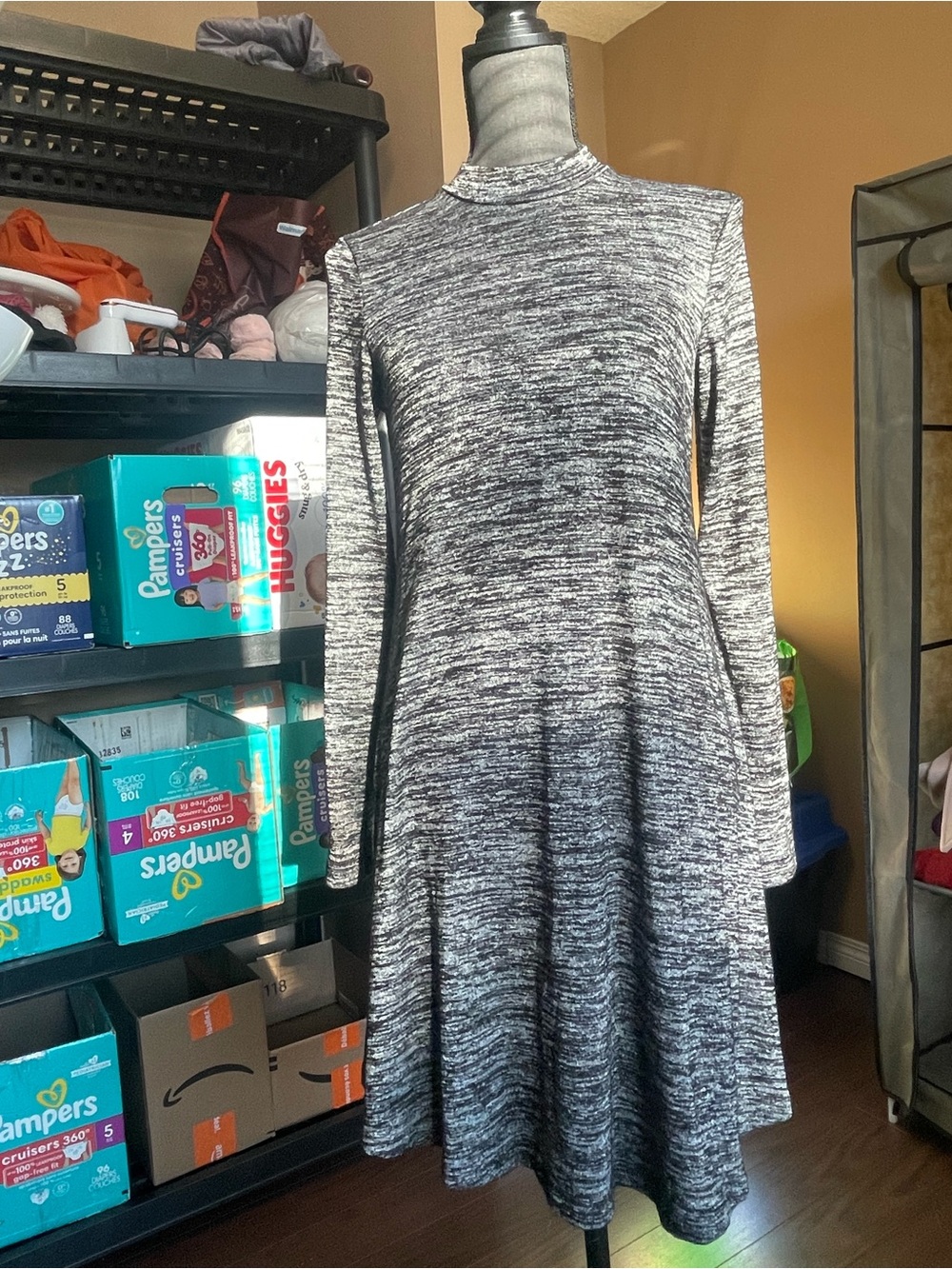 Reitmans Black & Gray Marled Long Sleeve Fit-and-Flare Dress